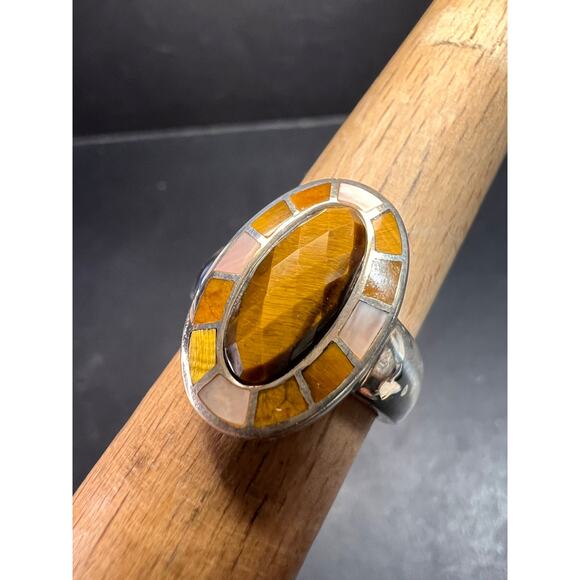 Whitney Kelly tigers eye and mother of pearl sterling silver ring size 7 - Picture 1 of 16
